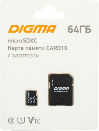 Флеш карта microSDXC Digma 64GB CARD10 V10 + adapter