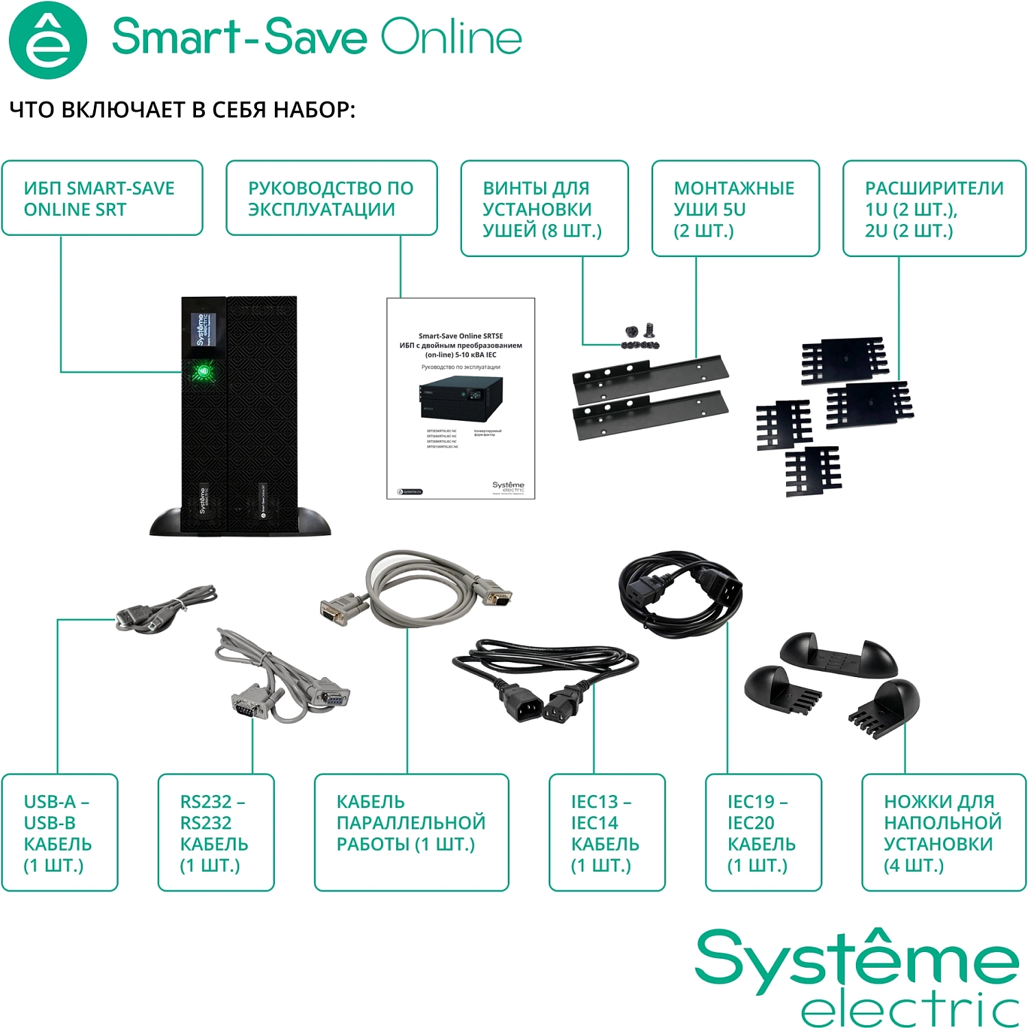 Источник бесперебойного питания Systeme Electric Smart-Save Online SRT, 5000VA/5000W, On-Line, Extended-run, Rack 2U+3U(Tower convertible), LCD,  6xC13, 4xC19, SNMP Intelligent Slot, USB, RS-232, Pre-Inst. Web/SNMP
