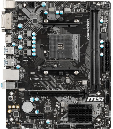 Мат. плата MSI A320M-A PRO 2xDDR4-2400, 1xPCI-Ex16x, 1xPCI-Ex, DVI-D+HDMI, 4xSATA3(RAID 0/1/10), 8 Ch Audio, GLan, (2+4)xUSB2.0, (4+2)xUSB3.1, 2xPS/2, mATX