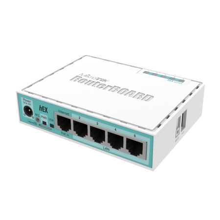 Маршрутизатор MikroTik hEX with Dual Core 880MHz MHz CPU, 256MB RAM, 5 Gigabit LAN ports, USB, RouterOS L4, plastic case, PSU