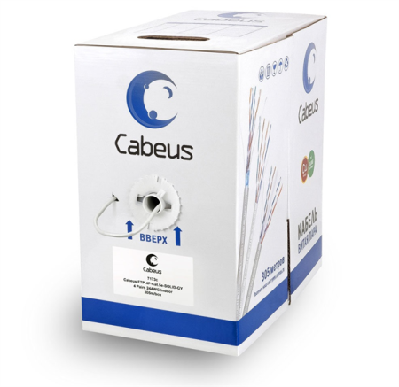 Кабель витая пара Cabeus FTP-4P-Cat.5e-SOLID-LSZH-GY Кабель витая пара экранированная FTP (F/UTP), категория 5e, 4 пары (24 AWG), одножильный, серый, экран - фольга, LSZH, нг(А)-HF, (305 м)