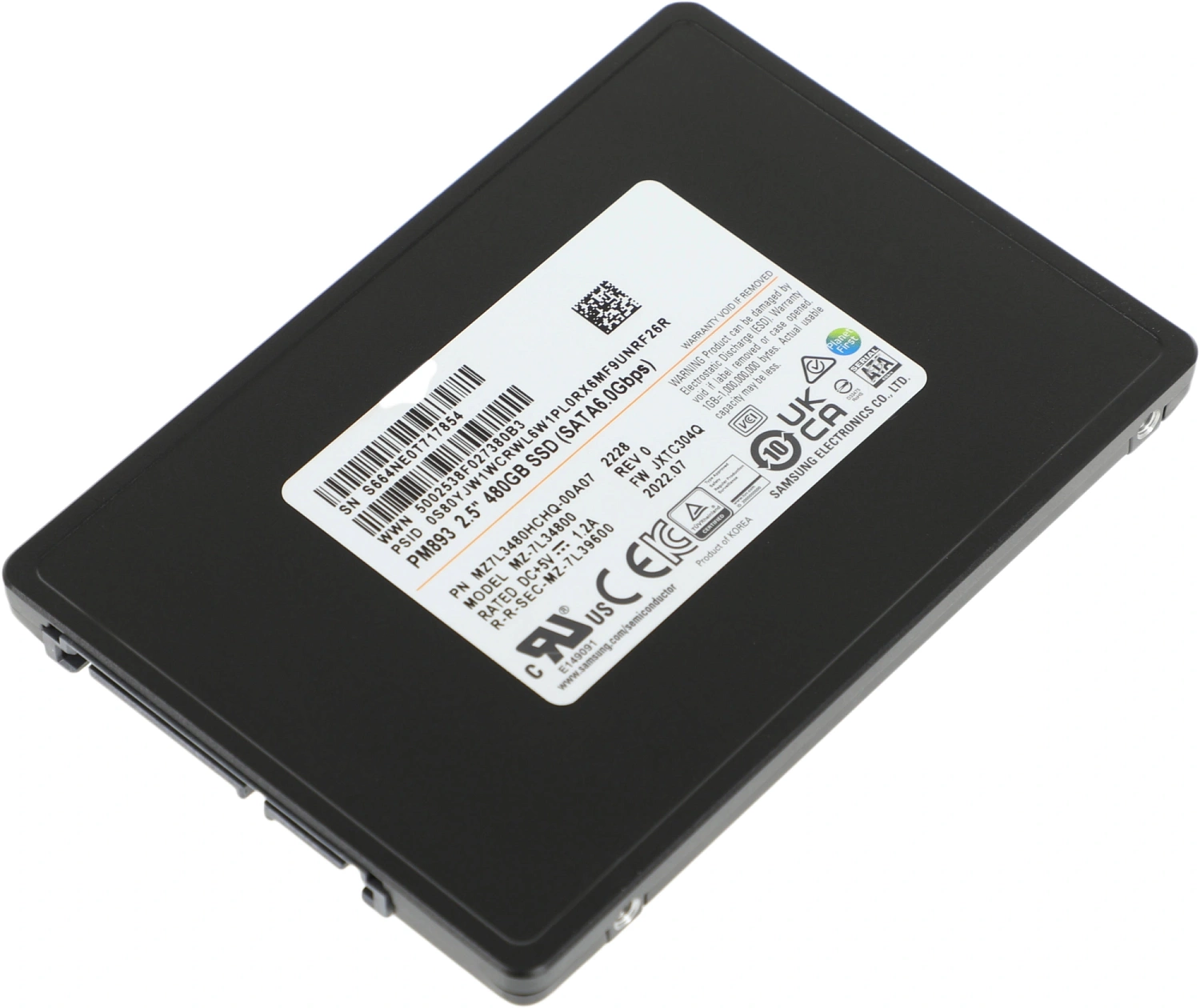 Твердотельный накопитель Samsung Enterprise SSD, 2.5"(SFF) 7mm, PM893, 480GB, SATA 3.3 6Gbps, R550/W530Mb/s, IOPS(R4K) 97K/29K, TLC, MTBF 2M, 1DWPD/5Y, TBW 876TB, OEM, (repl. MZ7LH480HAHQ-00005)