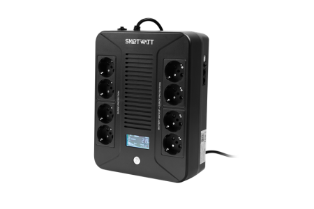Источник бесперебойного питания SMARTWATT ИБП линейно-интерактивный, 800/480 ВА/Вт, напольный/настенный, LCD дисплей, Schuko CEE7/4 - 8 шт. (4 шт. с резервным питанием, 4 шт. - сетевой фильтр) (незначительное повреждение коробки)