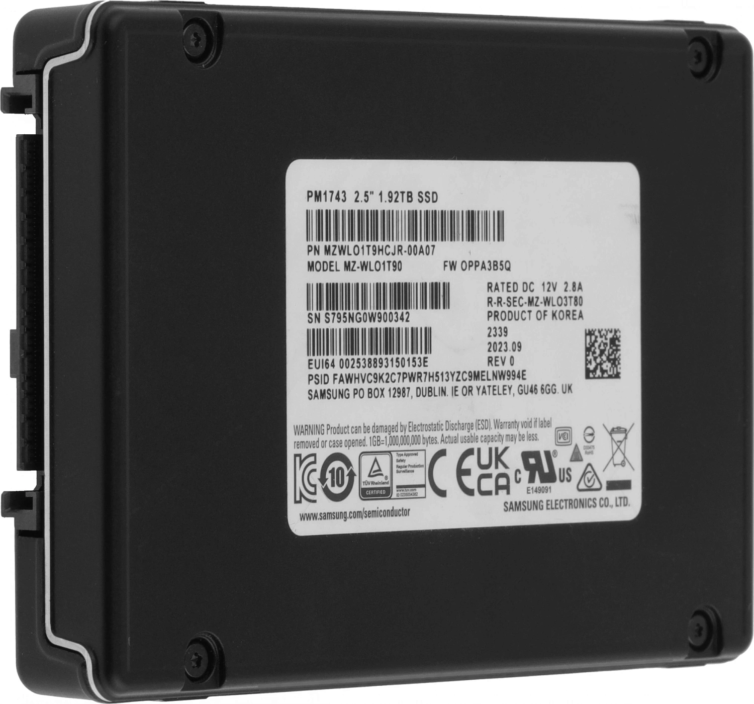 Твердотельный накопитель Samsung Enterprise SSD, 2.5"(SFF/U.2), PM1743, 1920GB, NVMe PCIe Gen5 (1x4 or Dual Port x2), R14000/W3000Mb/s, IOPS(R4K) 2000K/150K, MTBF 2,5M, 1DWPD/5Y, OEM