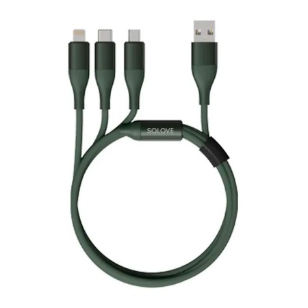 Кабель 3 in 1 зарядный USB Lightning/Micro/Type-C SOLOVE 120 см 5V 2,4А нейлоновая оплетка (DW2 Green), техпак зеленый