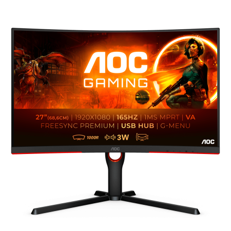 Монитор AOC 27" Gaming C27G3U черный/красный VA LED 1ms 16:9 HDMI M/M матовая HAS Piv 250cd 178гр/178гр 1920x1080 165Hz FreeSync Premium DP FHD USB 5.55кг