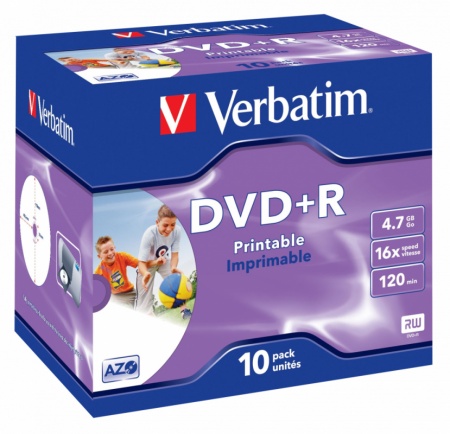 Диск DVD+R Verbatim 4.7Gb 16x Jewel case (10шт) Printable (43508)