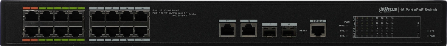 Коммутатор Dahua DH-LR2218-16ET-240 16x100Mb 2G 14PoE+ 240W управляемый
