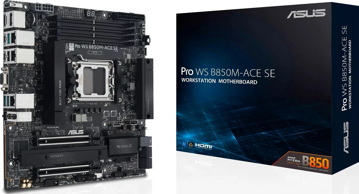 материнская плата ASUS PRO WS B850M-ACE SE, B850, AM5, 4*DDR5, 4*SATA, 2*M.2, 1*USB 3.2, 6*USB 2.0, Type-C, 2*PCIx16, HDMI, mATX; 90MB1MN0-M0EAY0