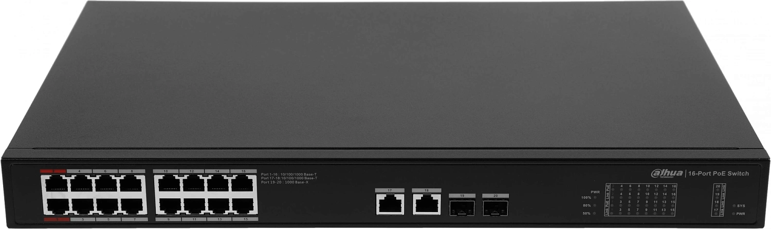 Коммутатор Dahua DH-PFS3220-16GT-190 18G 2SFP 14PoE+ 190W неуправляемый