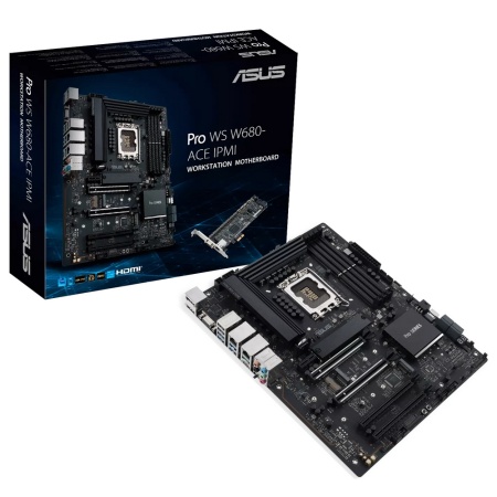 PRO WS W680-ACE IPMI Intel W680 (LGA 1700) ATX motherboard, PCIe® 5.0, DDR5, IPMI expansion card, dual Intel® 2.5 Gb Ethernet, PCIe 4.0 M.2, USB 3.2 Gen 2x2 front panel connector, SlimSAS, SATA 6 Gbps, HDMI®, DisplayPort and VGA