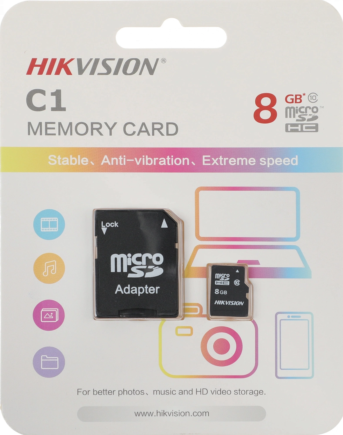 Флеш карта microSDHC Hikvision 8GB HS-TF-C1(STD)/8G/Adapter C1 + adapter