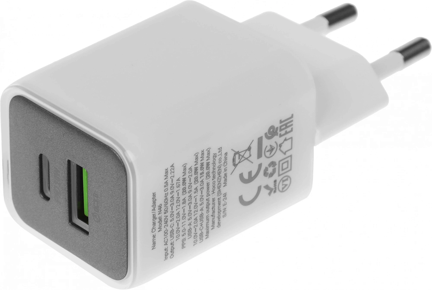 Сетевое зар./устр. Hoco N46 Glorious 20W 3A (QC) белый (35301)