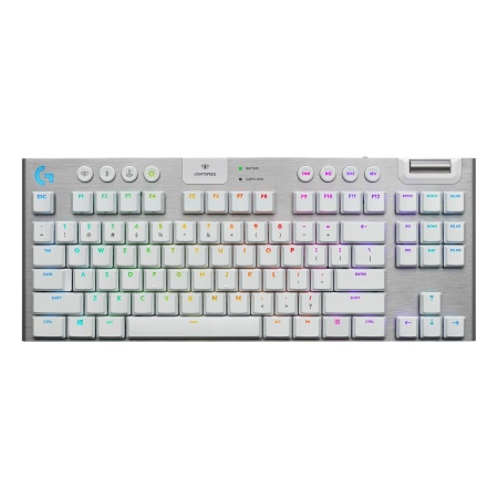 Клавиатура игровая Logitech G915 TKL White белая, беспроводная, механическая (GL Tactile), тонкий корпус, 95 клавиш (8 дополнительных), без цифрового блока, колесо прокрутки, RGB-подсветка, подключение USB или Bluetooth, кабель 1,8м