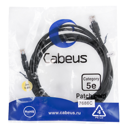 Патч-корд Cabeus PC-UTP-RJ45-Cat.5e-3m-BK Патч-корд U/UTP, категория 5е, 2xRJ45/8p8c, неэкранированный, черный, PVC, 3м