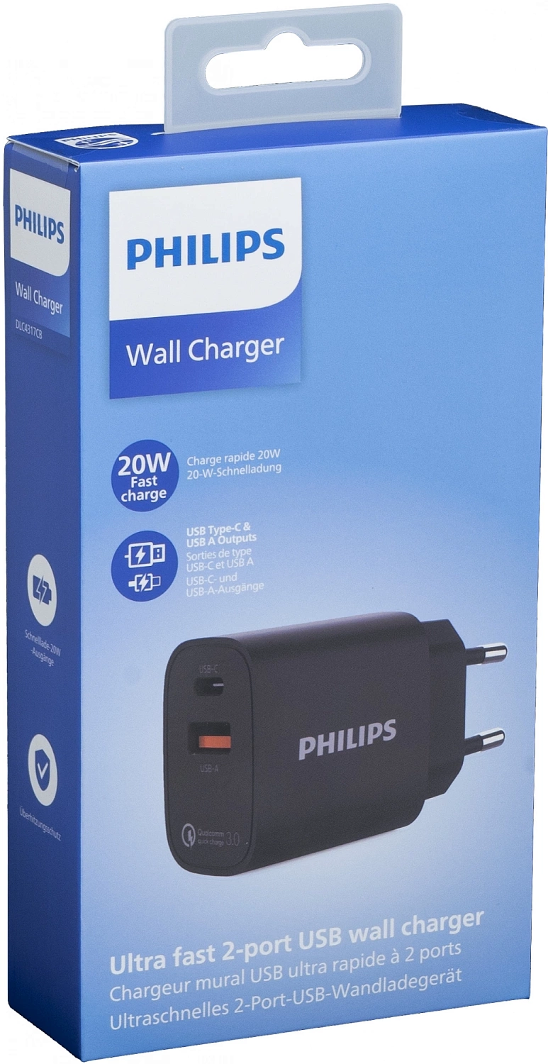 Сетевое зар./устр. Philips DLP4317 20W 0.8A (PD) USB/USB Type-C универсальное черный (DLP4317CB/70)