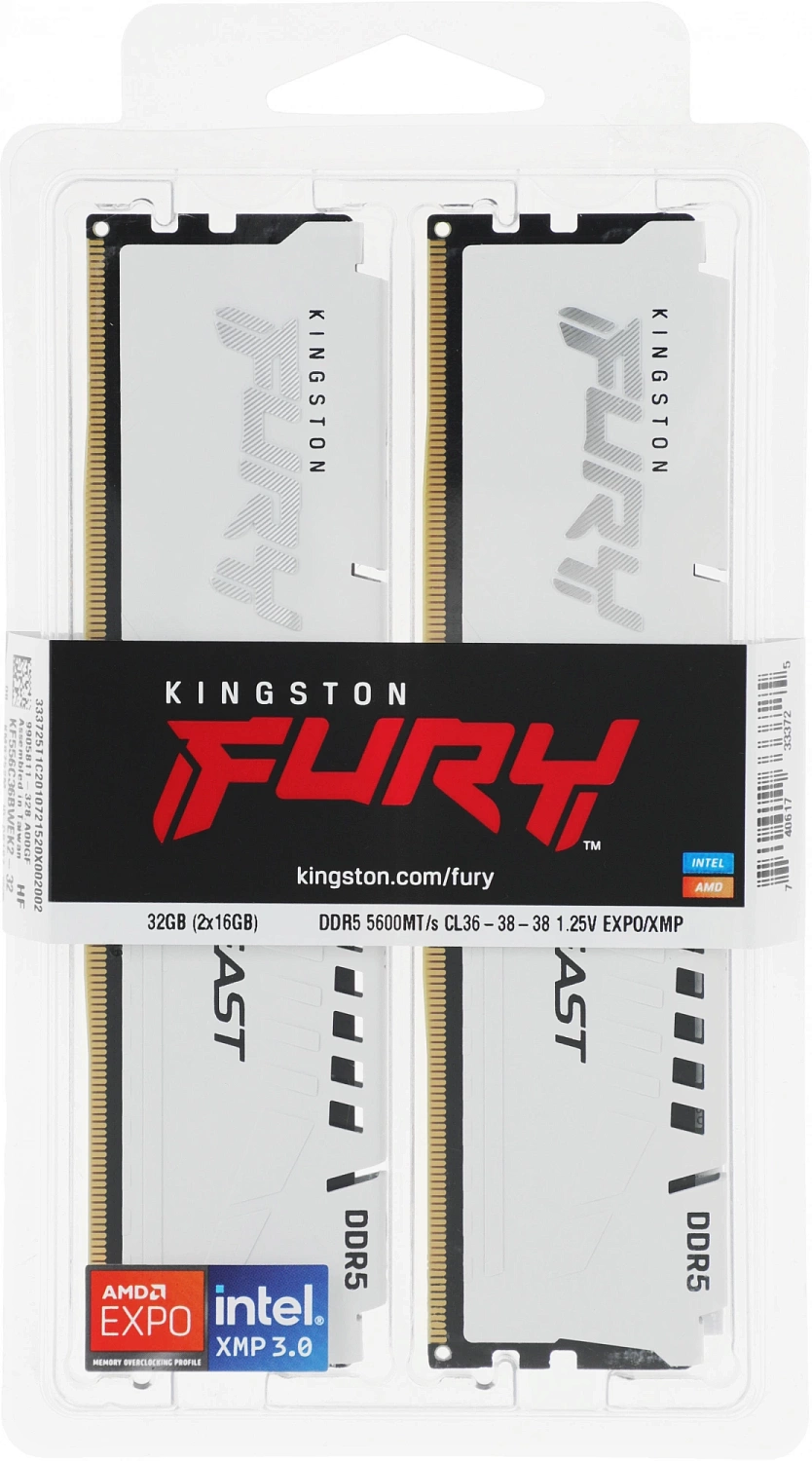 Память DDR5 2x16GB 5600MHz Kingston KF556C36BWEK2-32 Fury Beast White Expo RTL Gaming PC5-44800 CL36 DIMM 288-pin 1.25В kit single rank с радиатором Ret