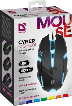Мышь Defender Cyber MB-560L черный оптическая 1600dpi USB для ноутбука 2but (52560)