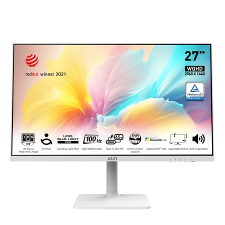 Монитор MSI Modern MD272QXPW 27" 16:9 WQHD(2560x1440) IPS Flat,1ms(MPRT),1000:1, 100M:1,300nit,178/178,HDMI 1.4b,DP 1.2,2xUSB 2.0 Type-A,USB 2.0 Type-B,Speaker,Tilt,Swivel,Height,Pivot,100Hz,White,1y war-ty