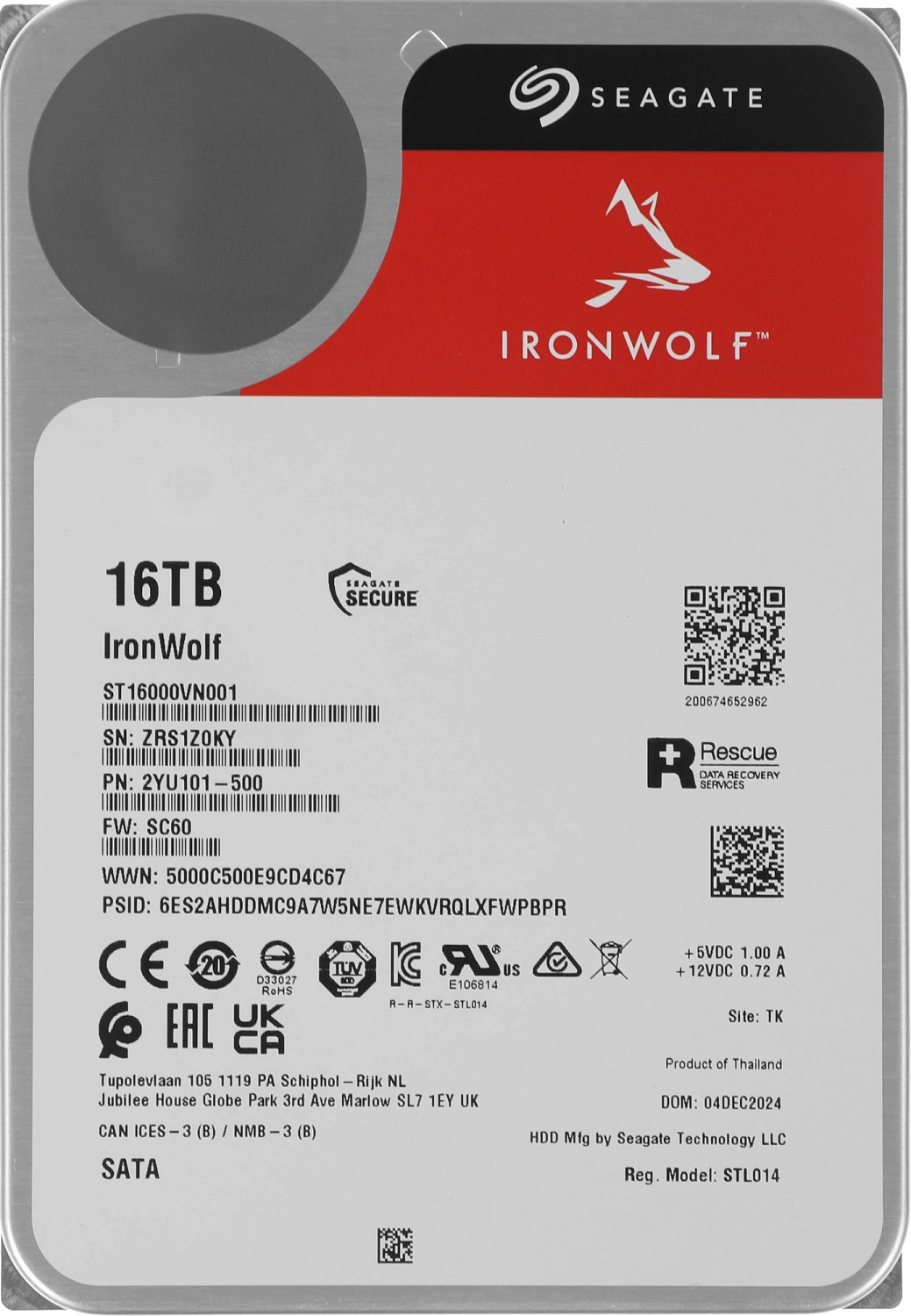3.5" 16TB Seagate IronWolf NAS HDD ST16000VN001 SATA 6Gb/s, 7200rpm, 256MB, 24x7, Bulk