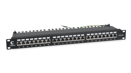 патч-панель Cabeus PL-24-Cat.6a-SH-Dual IDC Патч-панель 19" (1U), 24 порта RJ-45, категория 6a, полностью экранированная, с задним кабельным организатором