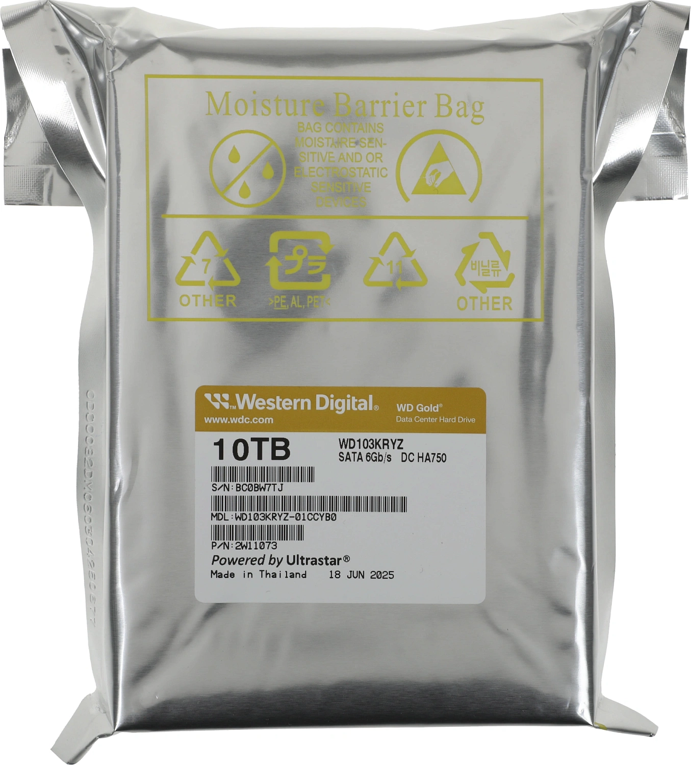 Жесткий диск Western Digital GOLD HDD SATA 10TB, 7200rpm, 512MB buffer, 512e, WD103KRYZ, 1 year