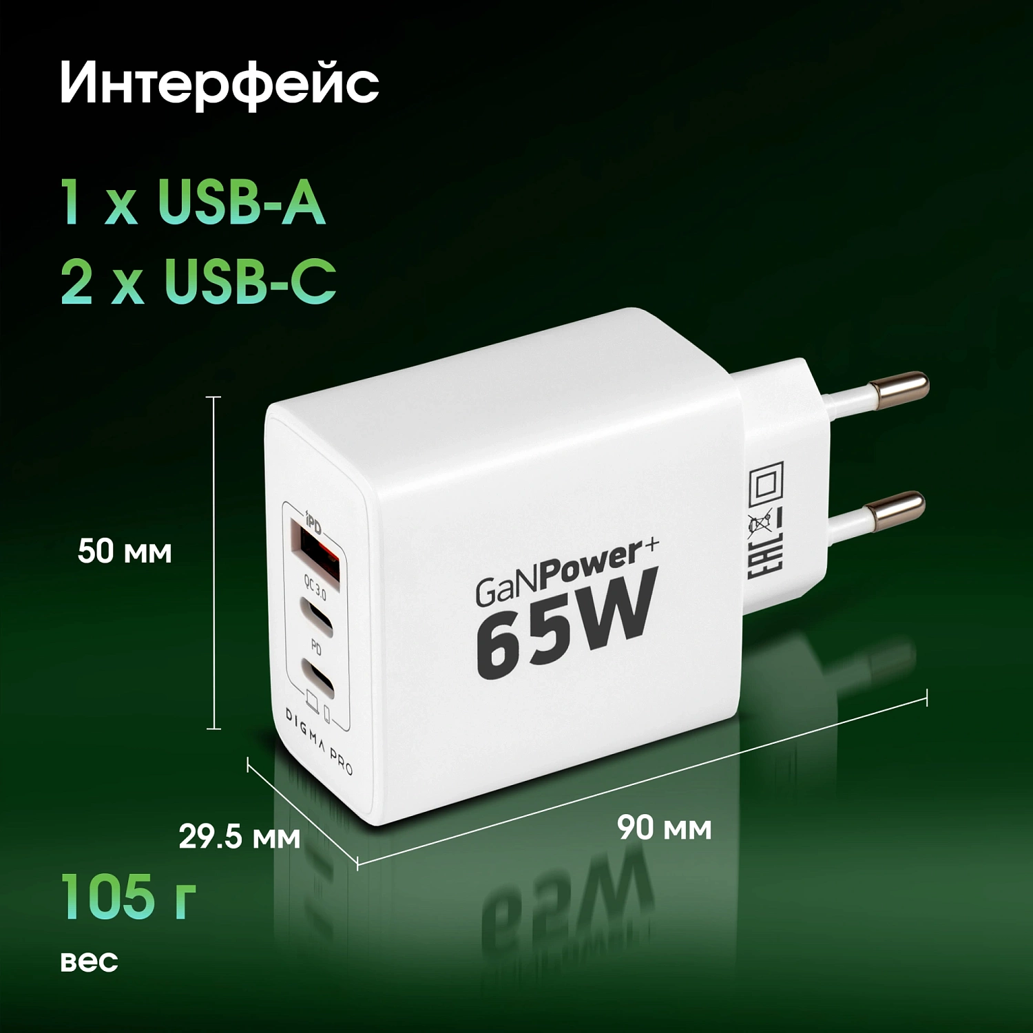 Сетевое зар./устр. Digma Pro DPW6B 65W 3.25A (PD+QC) 2хUSB-C/USB-A универсальное белый (DPW6B5GX12WH)