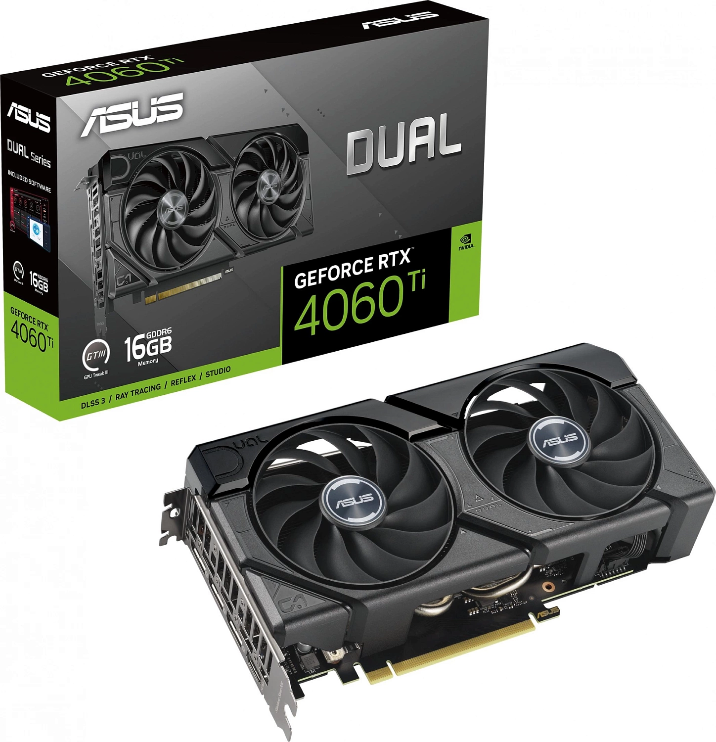 Видеокарта Asus PCI-E 4.0 DUAL-RTX4060TI-16G-EVO NVIDIA GeForce RTX 4060TI 16Gb 128bit GDDR6 2595/18000 HDMIx1 DPx3 HDCP Ret