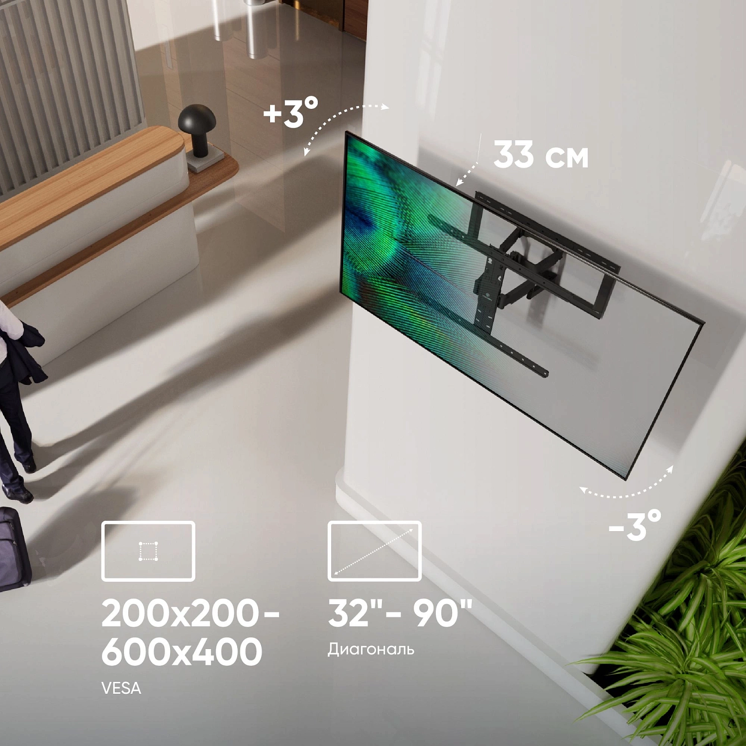 Кронштейн для телевизора Onkron SM6 черный 32"-90" макс.50кг настенный поворот и наклон