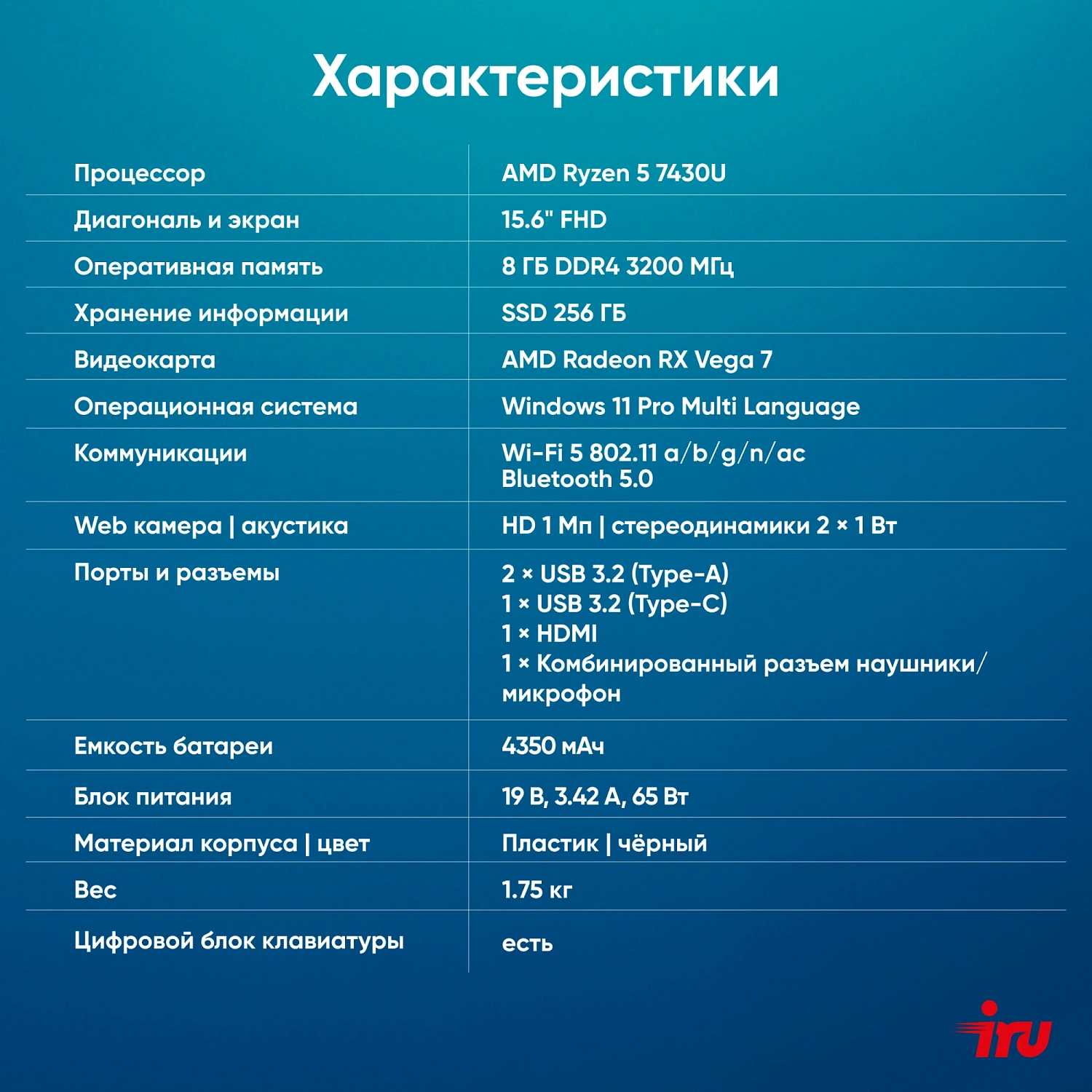 Ноутбук IRU Tactio 15PHC Ryzen 5 7430U 8Gb SSD256Gb Intel Iris Xe graphics R7 15.6" IPS FHD (1920x1080) Windows 11 Professional grey (2045999)