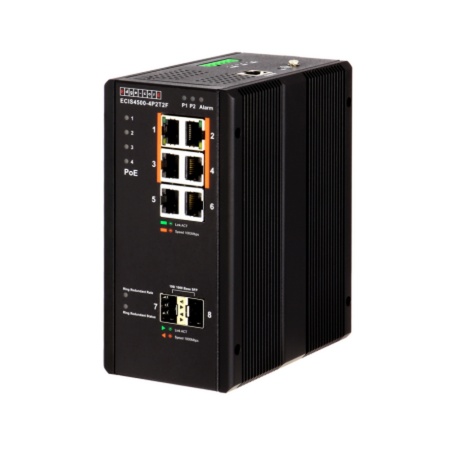 4 10/100/1000 BASE-T PoE+ Ports , 2 10/100/1000 BASE-T Ports, plus 2 100/1000BASE-X SFP Industrial Gigabit Ethernet Switch Edge-corE ECIS4500-4P2T2F