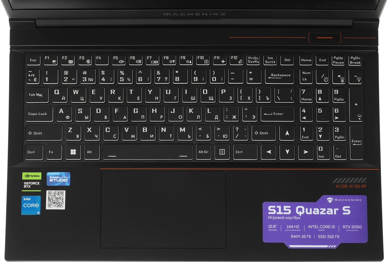 Ноутбук Machenike S15 Quazar S Core i5 12450H 16Gb SSD512Gb NVIDIA GeForce RTX 3050 4Gb 15.6" IPS FHD (1920x1080) без ОС black WiFi BT Cam 2668mAh (JJ00GB00JRU)