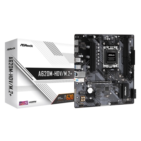 Материнская плата ASROCK A620M-HDV/M.2+, AM5, A620, 2*DDR5, HDMI+DP, 4xSATA3 6.0, M.2 Socket, RAID, USB 3.2, USB 2.0, Type-C, mATX