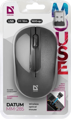 Мышь Defender Datum MM-285 черный оптическая 1600dpi беспров. USB 2but (52285)