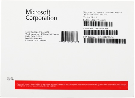 Операционная система Microsoft Windows Server Datacenter 2022 64Bit English 1pk DSP OEI DVD 16 Core (P71-09389)