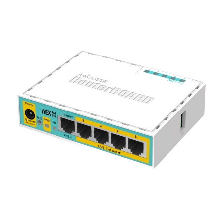 Маршрутизатор MikroTik hEX PoE lite with 650MHz CPU, 64MB RAM, 5xLAN (four with PoE out), USB, RouterOS L4, plastic case and PSU