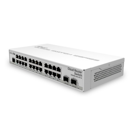 CRS326-24G-2S+IN with 800 MHz CPU, 512MB RAM, 24xGigabit LAN, 2xSFP+ cages, RouterOS L5 or SwitchOS (dual boot), desktop case, PSU (006462)