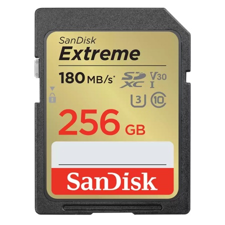 Карта памяти SanDisk Extreme SD UHS I 256GB Card for 4K Video for DSLR and Mirrorless Cameras 180MB/s Read & 130MB/s Write