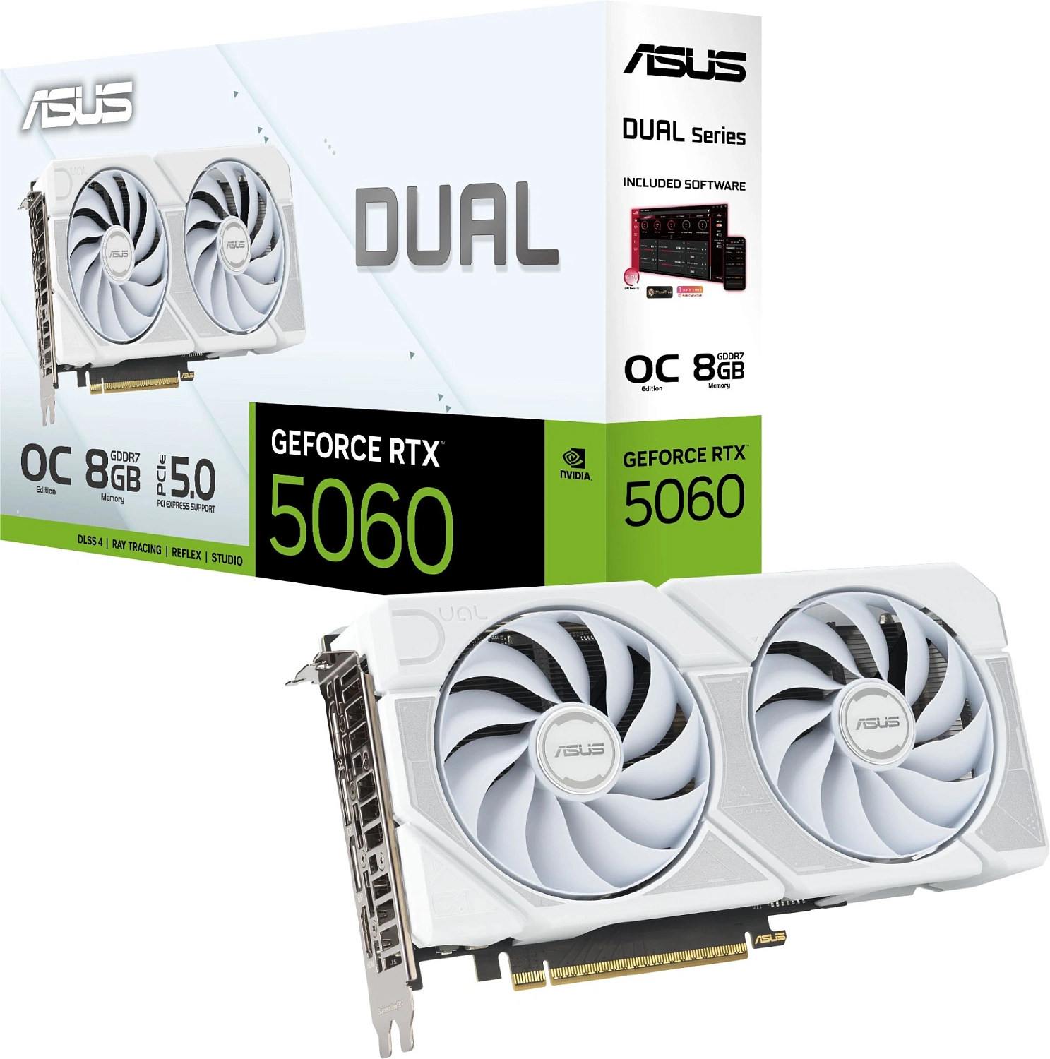 Видеокарта Asus PCI-E 5.0 DUAL-RTX5060-O8G-WHITE NVIDIA GeForce RTX 5060 8Gb 128bit GDDR7 2602/28000 HDMIx1 DPx3 HDCP Ret