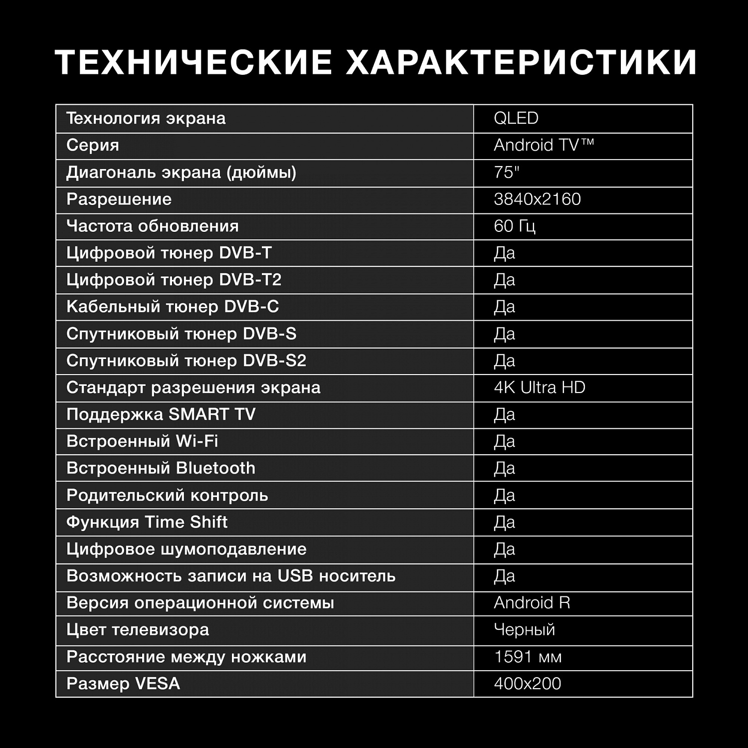 Телевизор QLED Hyundai 75" H-LED75QBU7500 Android TV Frameless черный/серебристый 4K Ultra HD 60Hz DVB-T DVB-T2 DVB-C DVB-S DVB-S2 USB WiFi Smart TV