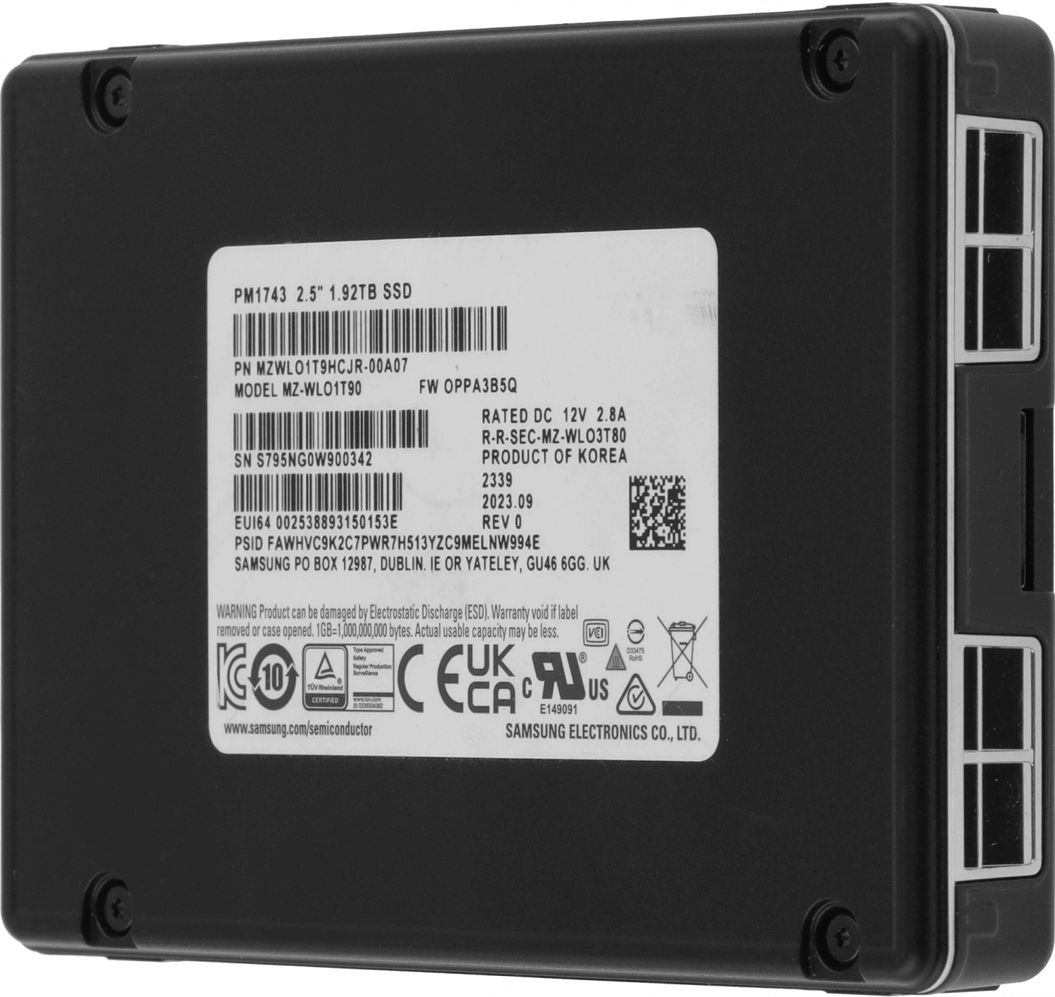 Твердотельный накопитель Samsung Enterprise SSD, 2.5"(SFF/U.2), PM1743, 1920GB, NVMe PCIe Gen5 (1x4 or Dual Port x2), R14000/W3000Mb/s, IOPS(R4K) 2000K/150K, MTBF 2,5M, 1DWPD/5Y, OEM