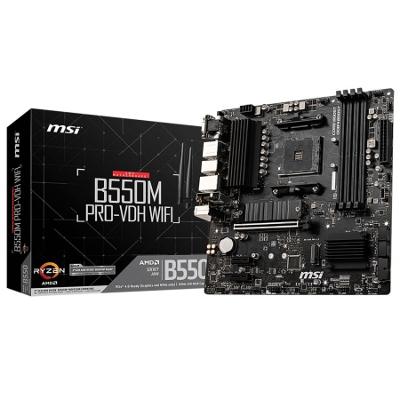 Материнская плата MSI B550M PRO-VDH WIFI, Socket AM4, AMD®B550, 4xDDR4-3200, 1xPCI-Ex16x, 2xPCI-Ex1x, D-SUB+HDMI+DP, 4xSATA3(RAID 0/1/10), 2xM.2, 8 Ch Audio, GLan, WiFi, (2+4)xUSB2.0, (4+2)xUSB3.2, (0+1)xUSB3.2 Type-C™, mATX, RTL {10} (733698)