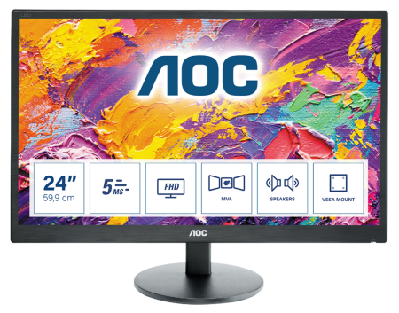 Монитор LCD 23.6'' [16:9] 1920х1080(FHD) MVA, nonGLARE, 60 Hz, 250 cd/m2, H178°/V178°, 3000:1, 50М:1, 16.7M, 5ms, VGA, 2xHDMI, Tilt, Speakers, 3Y, Black