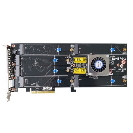 ARC-1686-6NOD PCIe 4.0 x8 Full Height, 6 x M.2 Connector, Tri-mode interface at each M.2 bays - 12Gb/s SAS/SATA / Gen 4.0 PCIe (NVMe), RAID 0,1,10,JBOD, Hold-up Supercapacitor Onboard, RTL