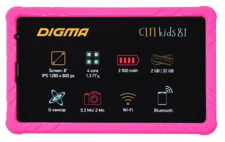 Планшет Digma CITI Kids 81 MT8321 (1.3) 4C RAM2Gb ROM32Gb 8" IPS 1280x800 3G Android 10.0 Go розовый 2Mpix 0.3Mpix BT GPS WiFi Touch microSDHC 64Gb minUSB 3500mAh