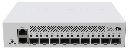 Коммутатор MikroTik Cloud Router Switch CRS310-1G-5S-4S+IN with 800 MHz CPU, 256 MB RAM, 4xSFP+, 5xSFP cages, 1xGBit LAN port, RouterOS L5, desktop case, rackmount ears, PSU