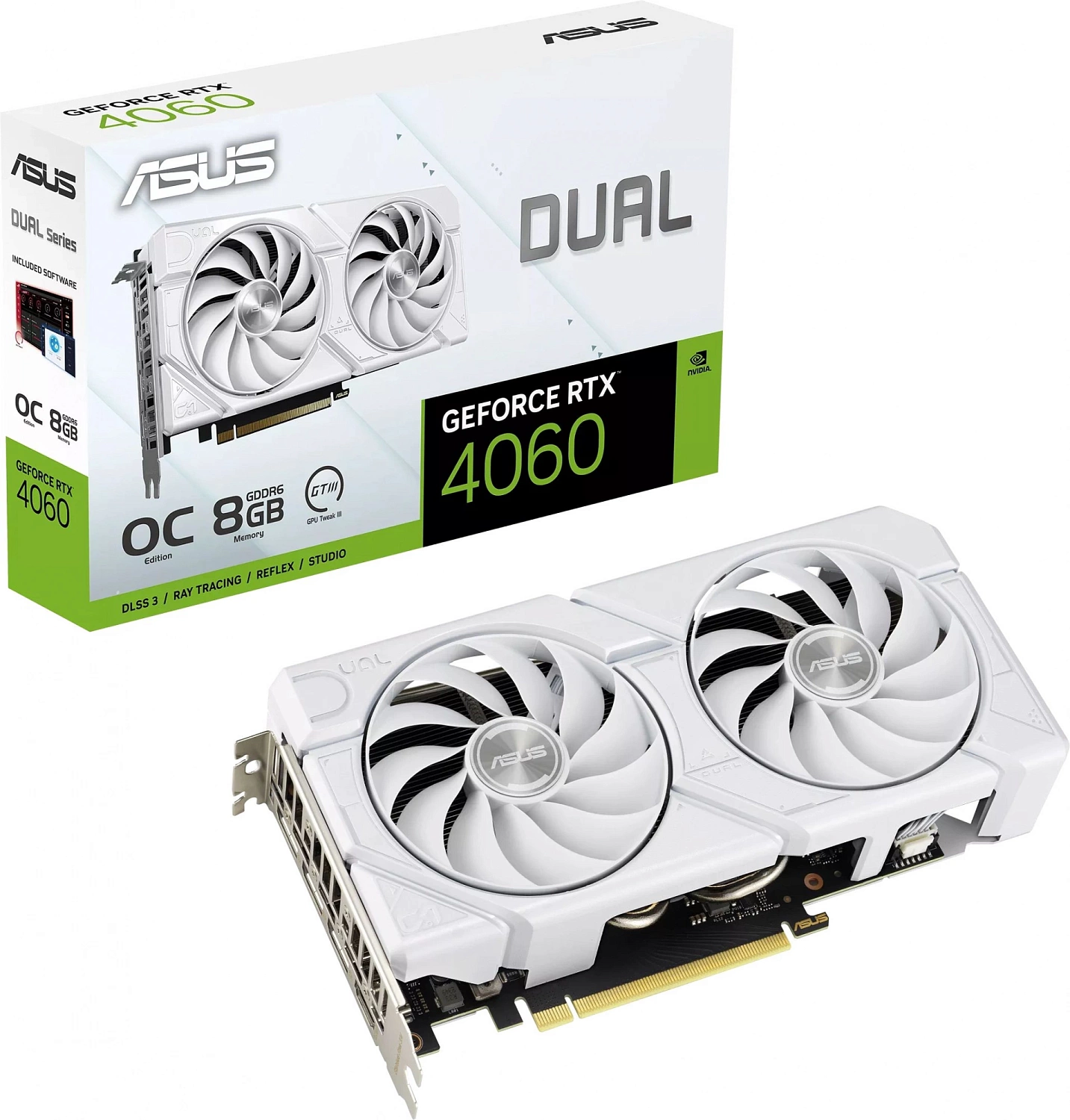 Видеокарта Asus PCI-E 4.0 DUAL-RTX4060-O8G-EVOWHITE NVIDIA GeForce RTX 4060 8Gb 128bit GDDR6 2505/17000 HDMIx1 DPx3 HDCP Ret
