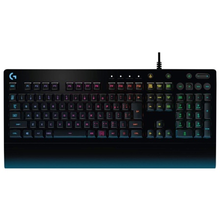 Клавиатура игровая Logitech G213 Prodigy черная, бесшумная, 112 клавиш (8 мультимедиа), RGB-подсветка, подставка под запястья, защита от воды, USB 1,8м, {4}, (065963)