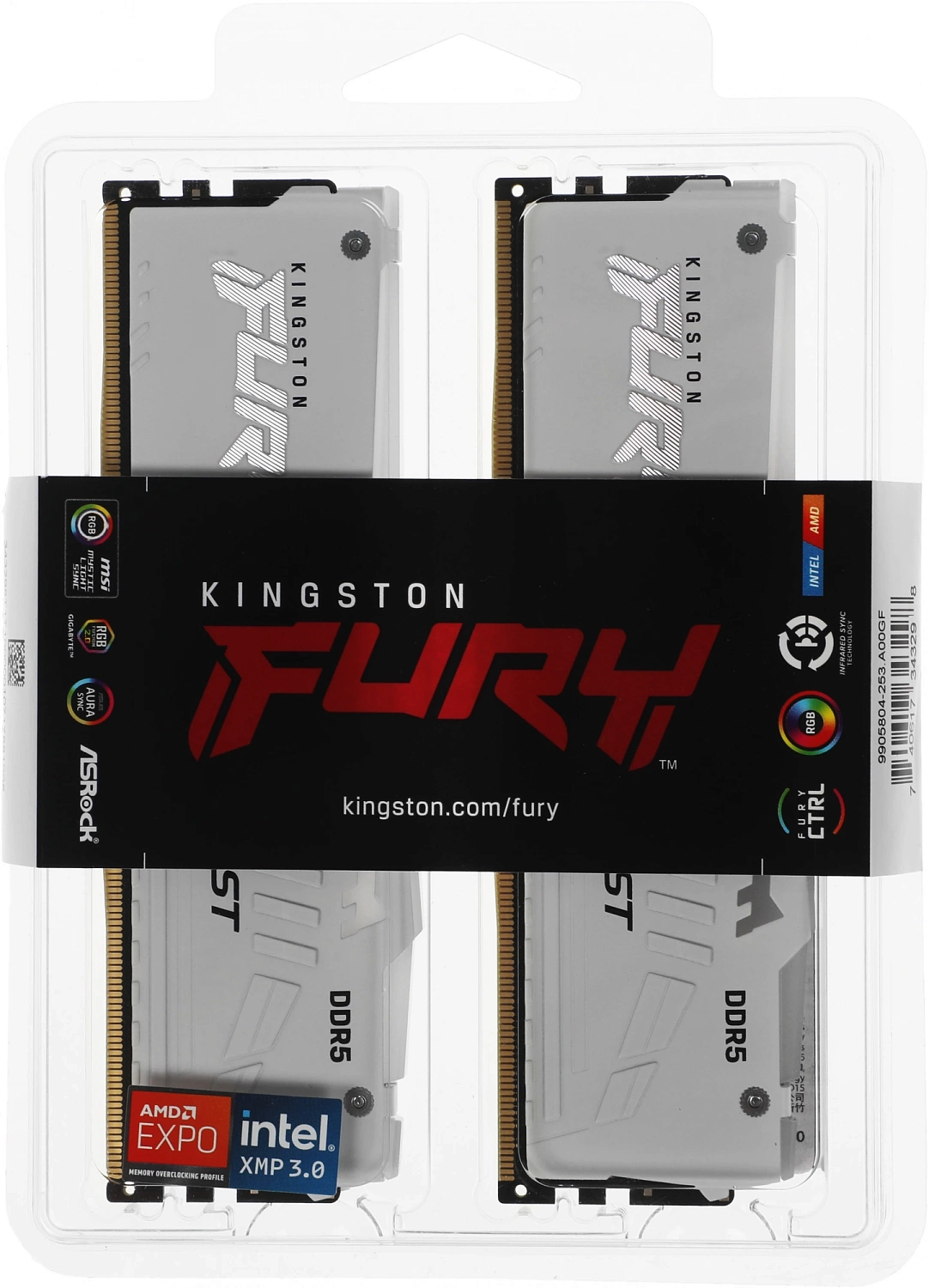 Комплект модулей памяти Kingston 64GB DDR5 6000 DIMM CL30 FURY Beast White RGB EXPO Non-ECC Unbuffered DIMM (Kit of 2) 2RX8 30-36-36 1.4V 288-pin 16Gbit