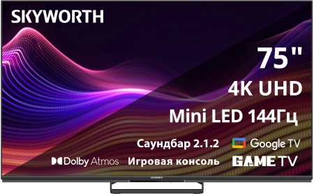 Телевизор LED Skyworth 75" 75X87G QD-Mini LED Magic Sound Karaoke TV Frameless черный/черный 4K Ultra HD 120Hz DVB-T DVB-T2 DVB-C DVB-S DVB-S2 USB WiFi Smart TV